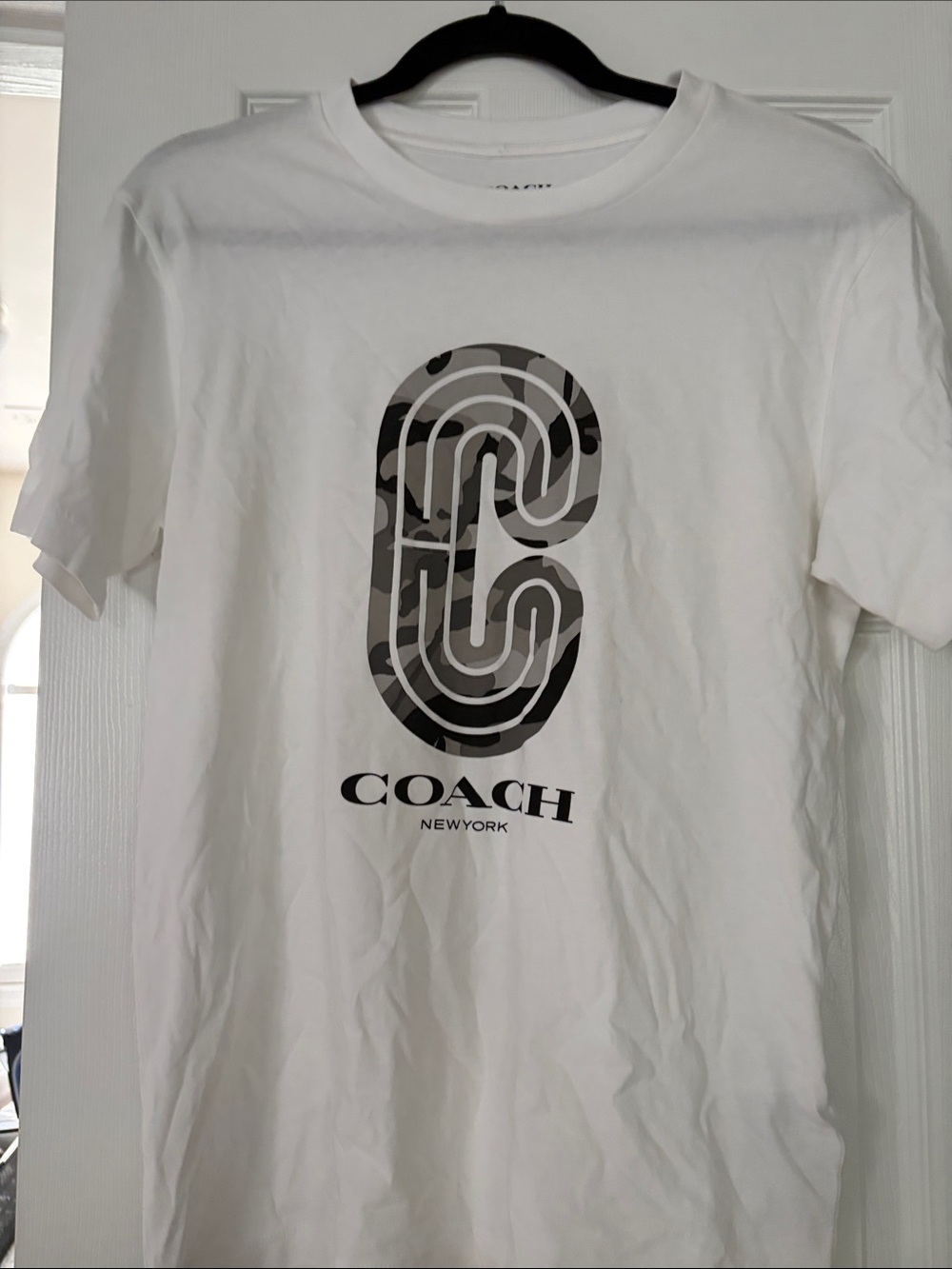 COACH White Short-Sleeve Tee with Gray Camouflage 'C' Logo